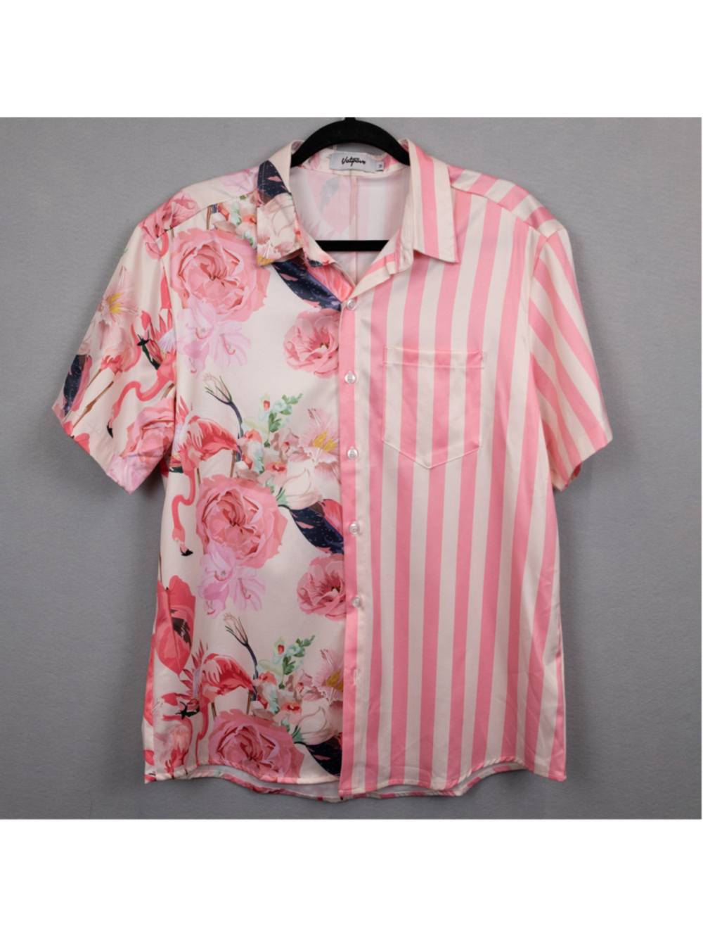 Vatpave pink flamingo stripe satin short sleeve button down shirt-M